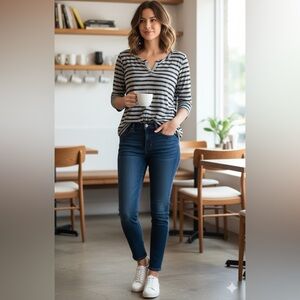 Calvin Klein shirt Women’s size small gray  Black Striped 3/4 Sleeve top casual*